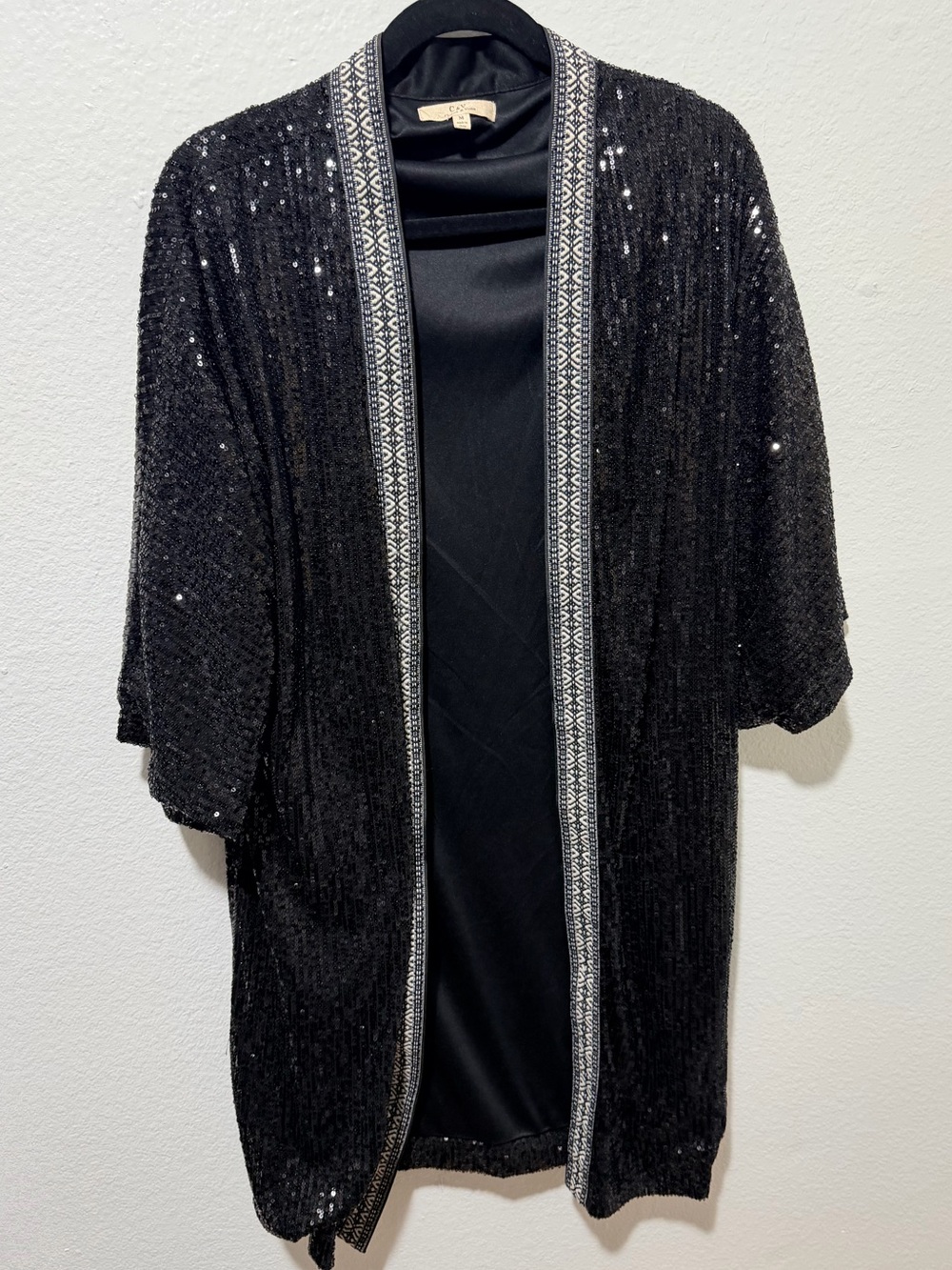 Chelsea & Violet Black Sequined Open-Front Cardigan with Trim
